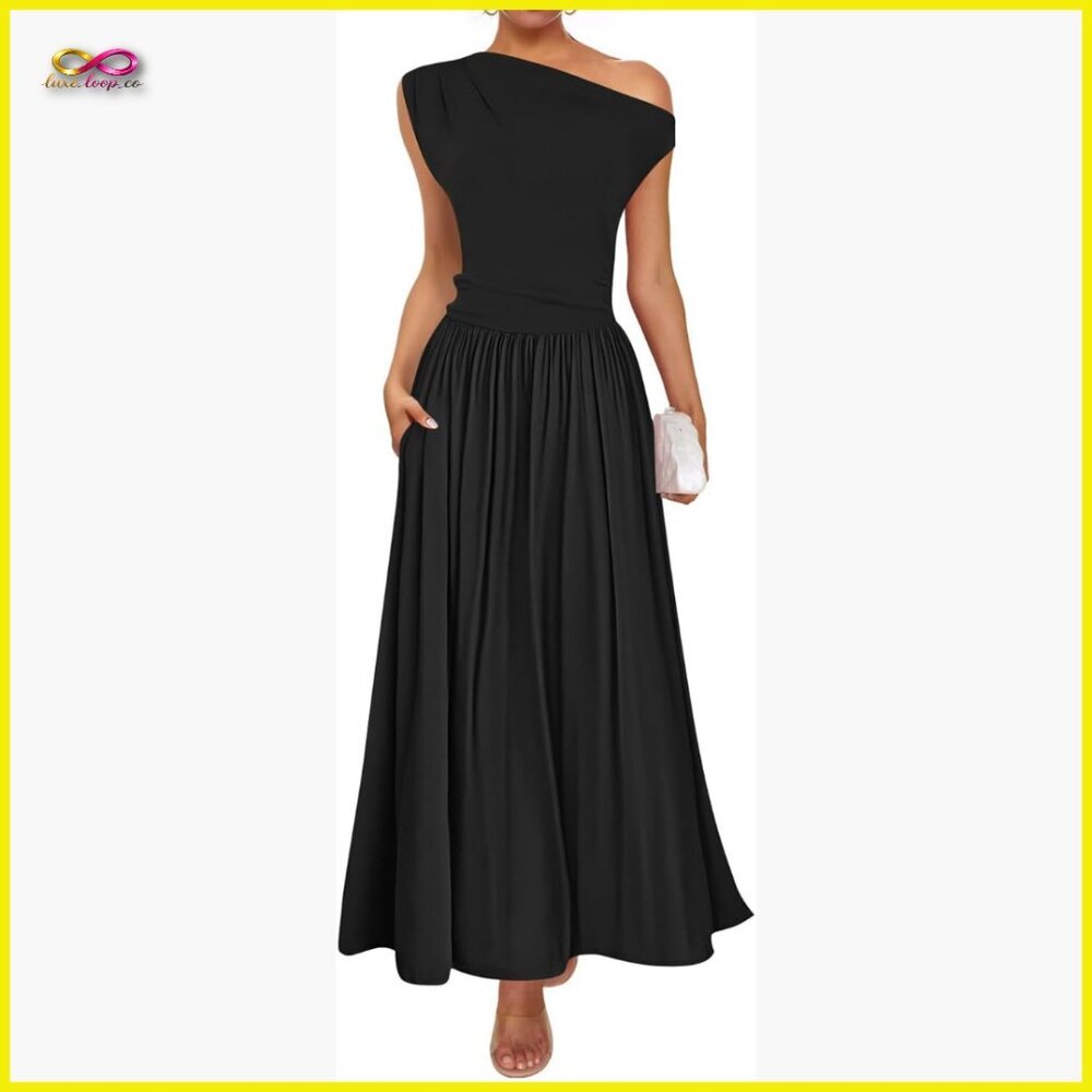 Elegant One Shoulder Maxi Dress with Pockets Slim Swing Pleated Formal